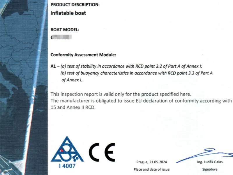 CE certificate of bluerafty-Custom Inflatable Boat Manufacturer