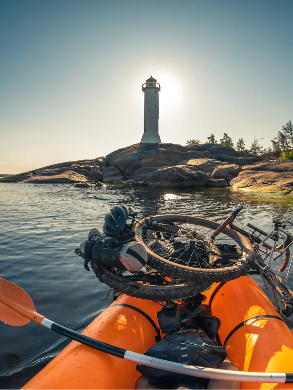 packraft with bike on it