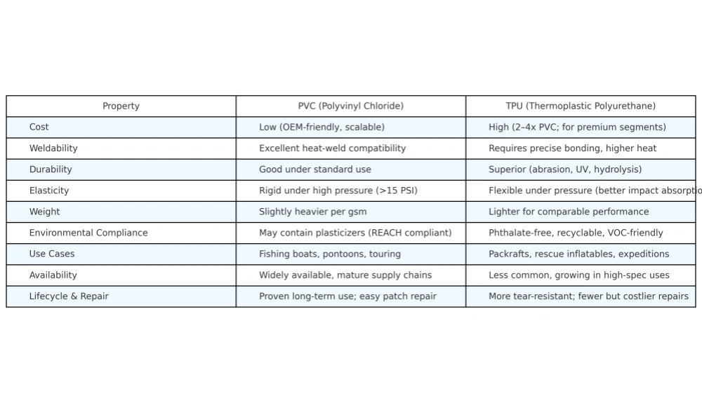 Side-by-side comparison chart of PVC vs TPU properties for inflatable boat in Top 3 Inflatable Fabric Trends 2026 report.